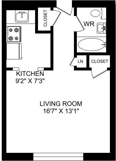 A black and white image of a floor plan for a kitchen and living room.